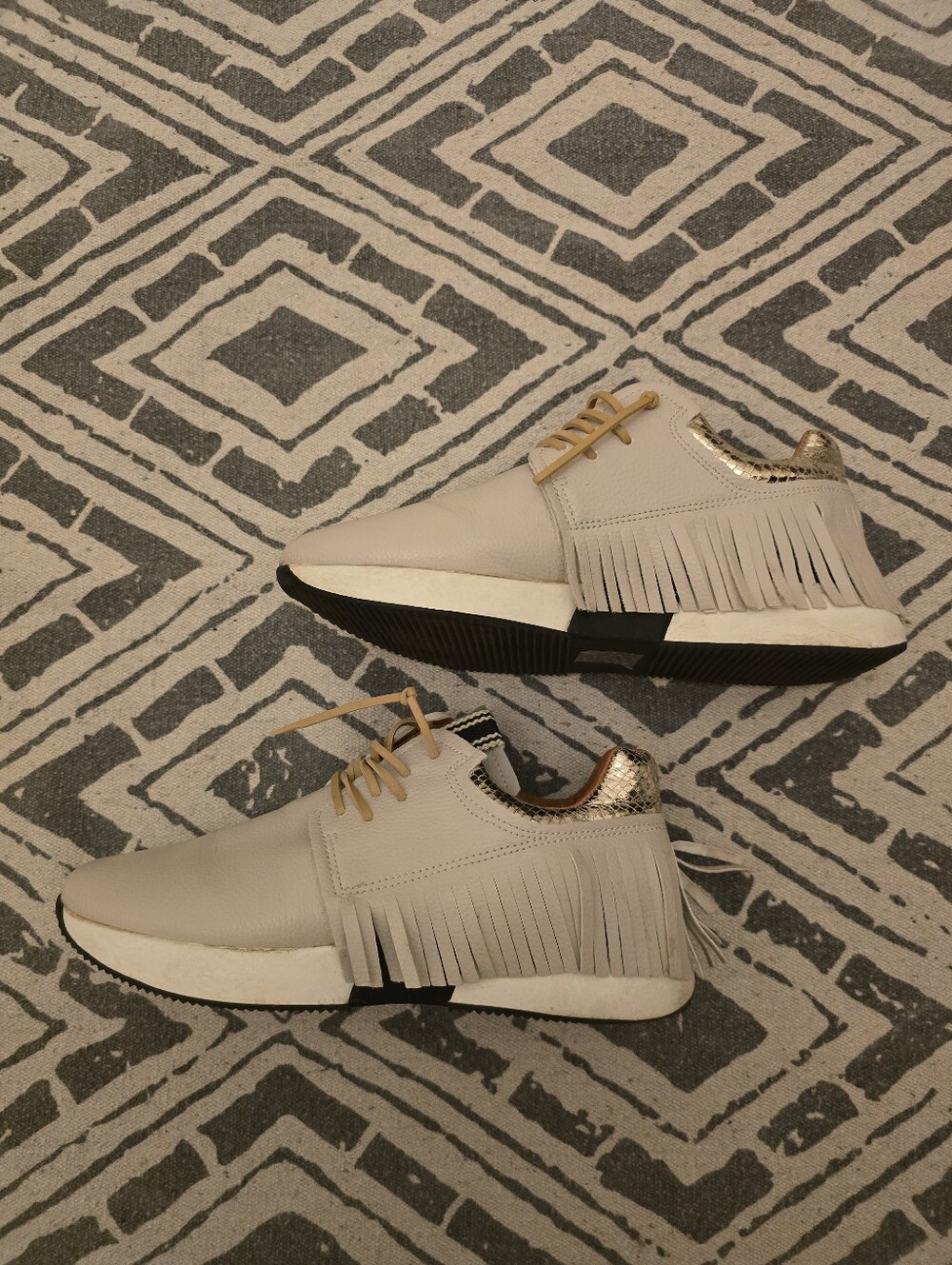 Women's Shu Shop Fringed Pepa Sneakers in Lt. Beige/Gray Leather w/Gold Accents